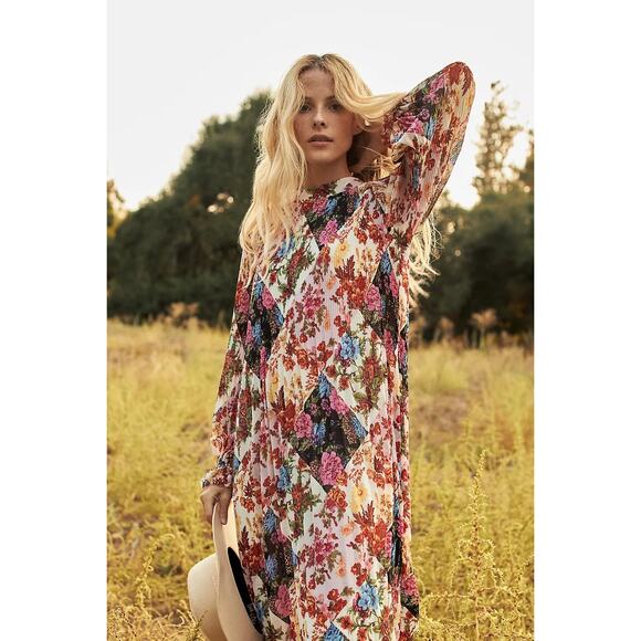 Anthropologie Maeve Shara Pleated Midi Dress Floral Modest | Pink White | SZ S - Picture 2 of 15